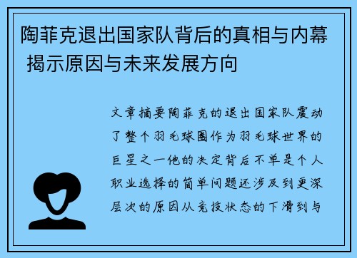 陶菲克退出国家队背后的真相与内幕 揭示原因与未来发展方向